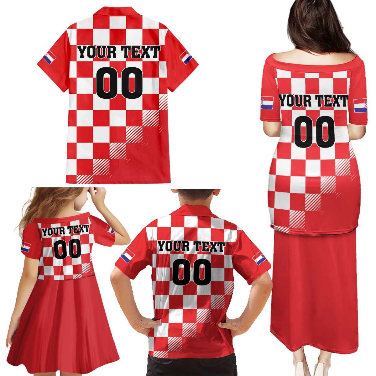 Custom Croatia Checkerboard Family Matching Puletasi and Hawaiian Shirt With Coat Of Arms - Wonder Print Shop