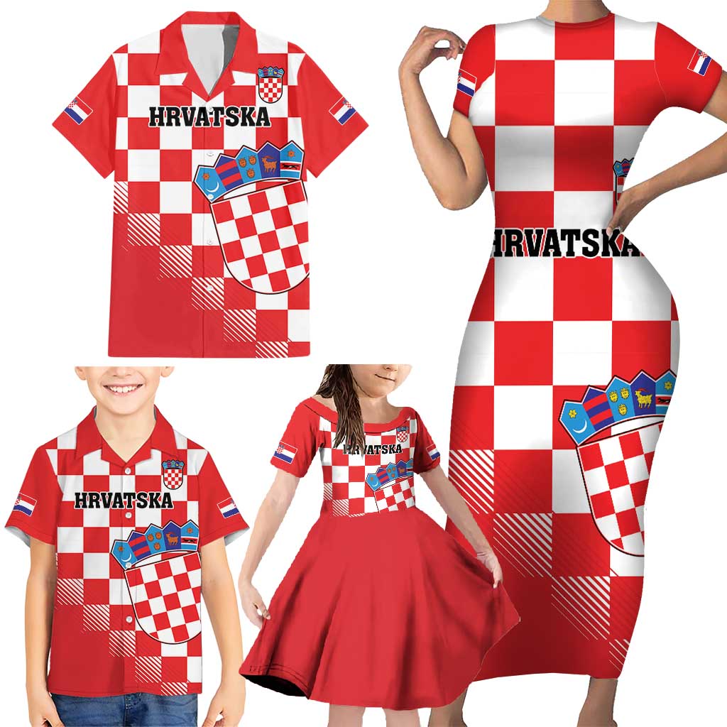 Custom Croatia Checkerboard Family Matching Short Sleeve Bodycon Dress and Hawaiian Shirt With Coat Of Arms - Wonder Print Shop