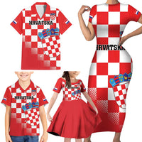 Custom Croatia Checkerboard Family Matching Short Sleeve Bodycon Dress and Hawaiian Shirt With Coat Of Arms - Wonder Print Shop