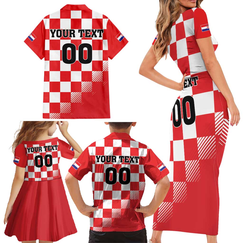 Custom Croatia Checkerboard Family Matching Short Sleeve Bodycon Dress and Hawaiian Shirt With Coat Of Arms - Wonder Print Shop