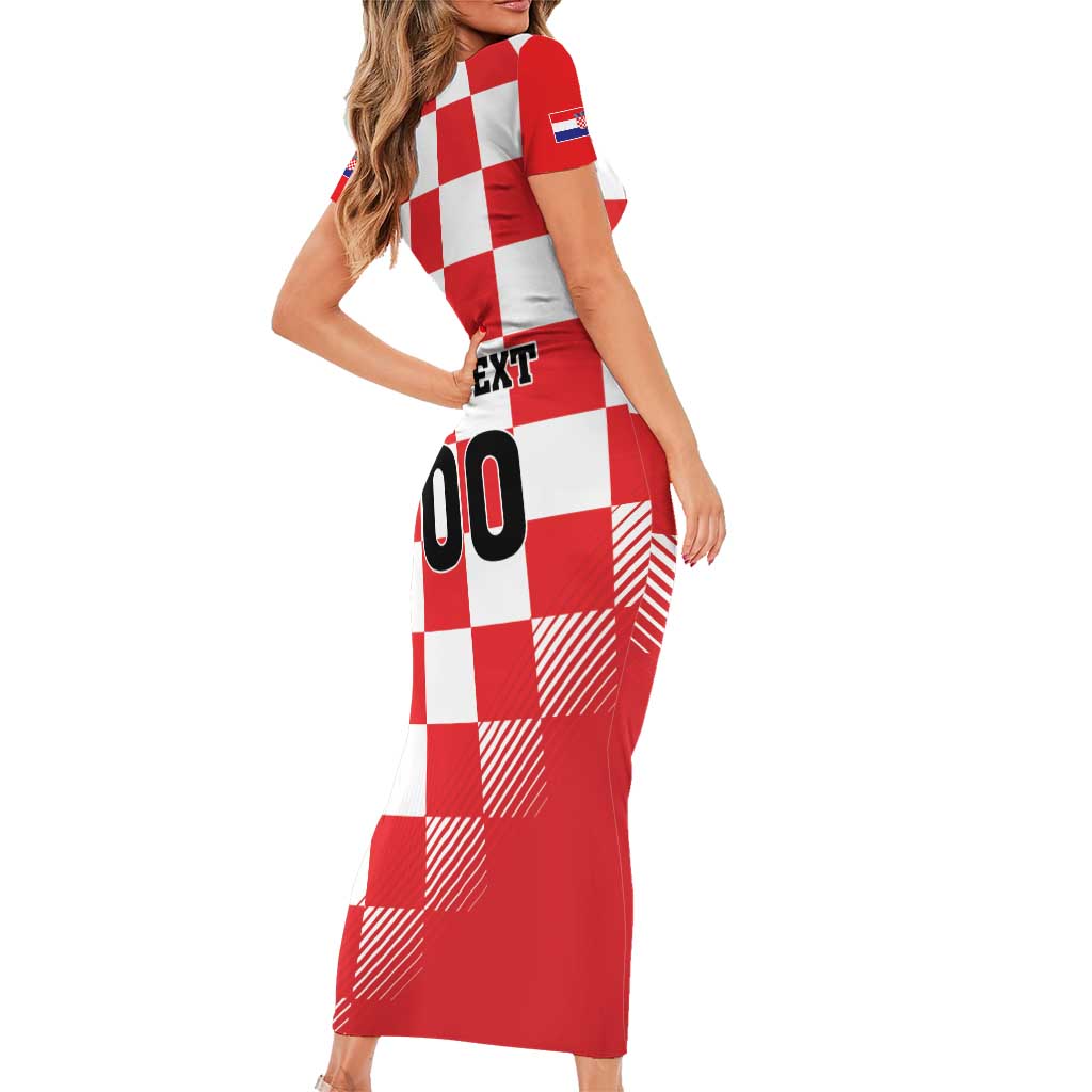 Custom Croatia Checkerboard Family Matching Short Sleeve Bodycon Dress and Hawaiian Shirt With Coat Of Arms - Wonder Print Shop