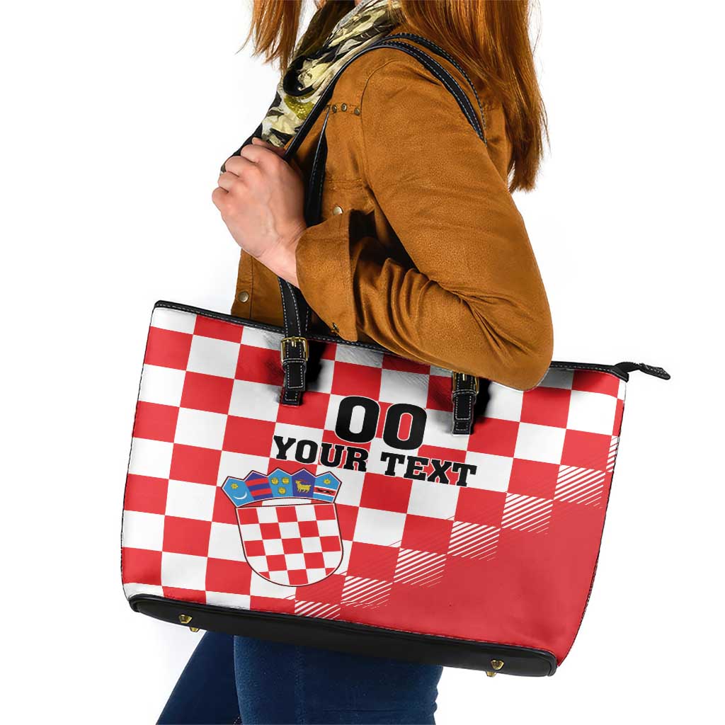 Custom Croatia Checkerboard Leather Tote Bag With Coat Of Arms - Wonder Print Shop
