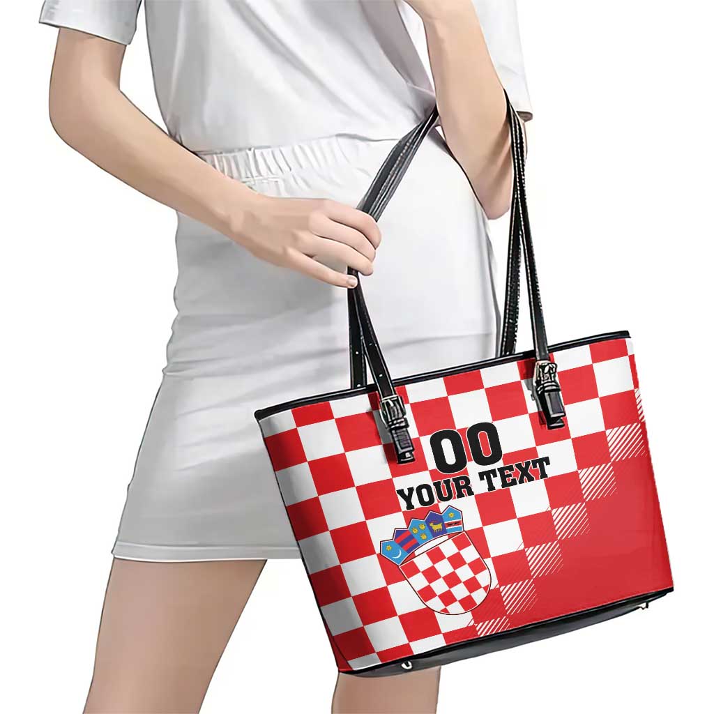 Custom Croatia Checkerboard Leather Tote Bag With Coat Of Arms - Wonder Print Shop