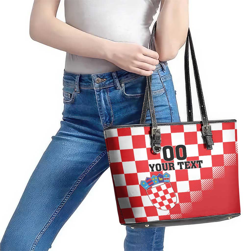 Custom Croatia Checkerboard Leather Tote Bag With Coat Of Arms - Wonder Print Shop