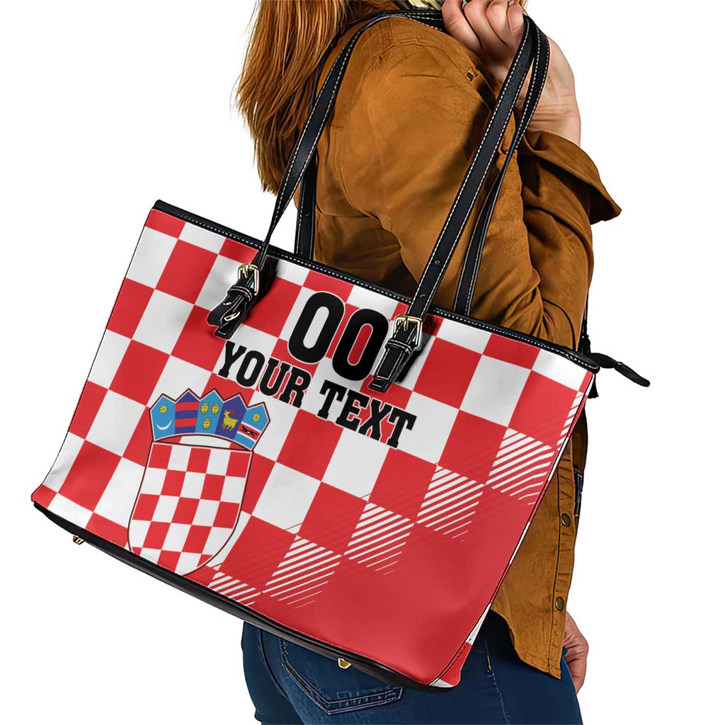 Custom Croatia Checkerboard Leather Tote Bag With Coat Of Arms - Wonder Print Shop