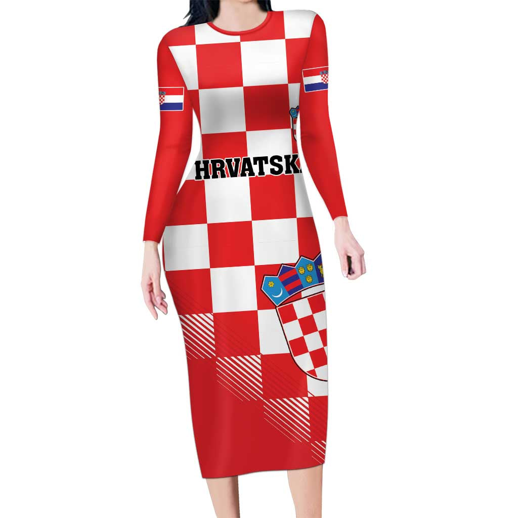 Custom Croatia Checkerboard Long Sleeve Bodycon Dress With Coat Of Arms LT18