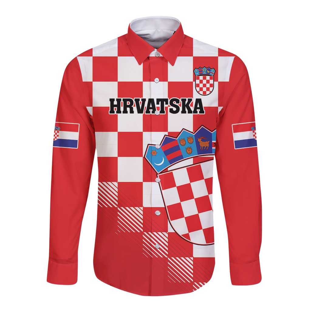 Custom Croatia Checkerboard Long Sleeve Button Shirt With Coat Of Arms - Wonder Print Shop