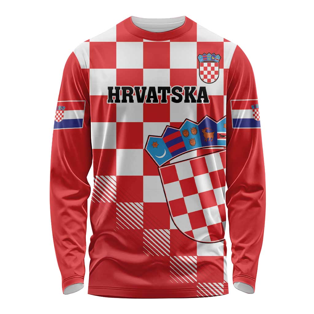 Custom Croatia Checkerboard Long Sleeve Shirt With Coat Of Arms - Wonder Print Shop
