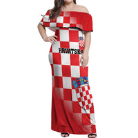 Custom Croatia Checkerboard Off Shoulder Maxi Dress With Coat Of Arms - Wonder Print Shop