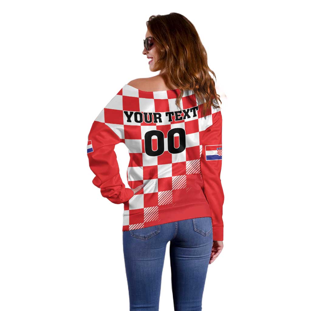 Custom Croatia Checkerboard Off Shoulder Sweater With Coat Of Arms - Wonder Print Shop