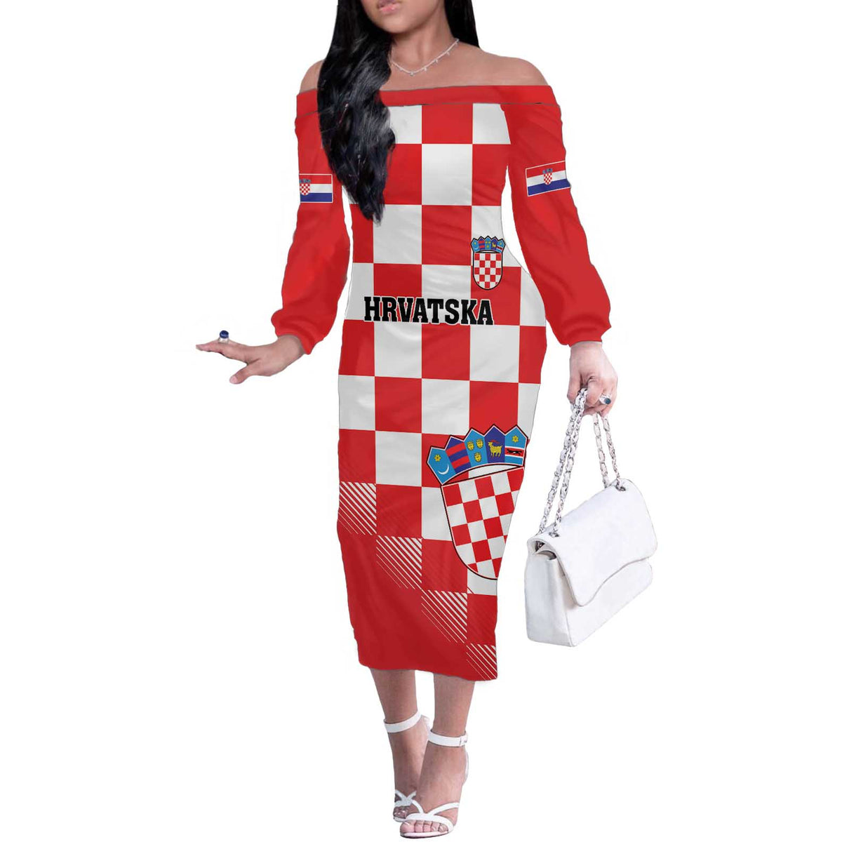 Custom Croatia Checkerboard Off The Shoulder Long Sleeve Dress With Coat Of Arms - Wonder Print Shop