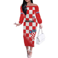 Custom Croatia Checkerboard Off The Shoulder Long Sleeve Dress With Coat Of Arms - Wonder Print Shop