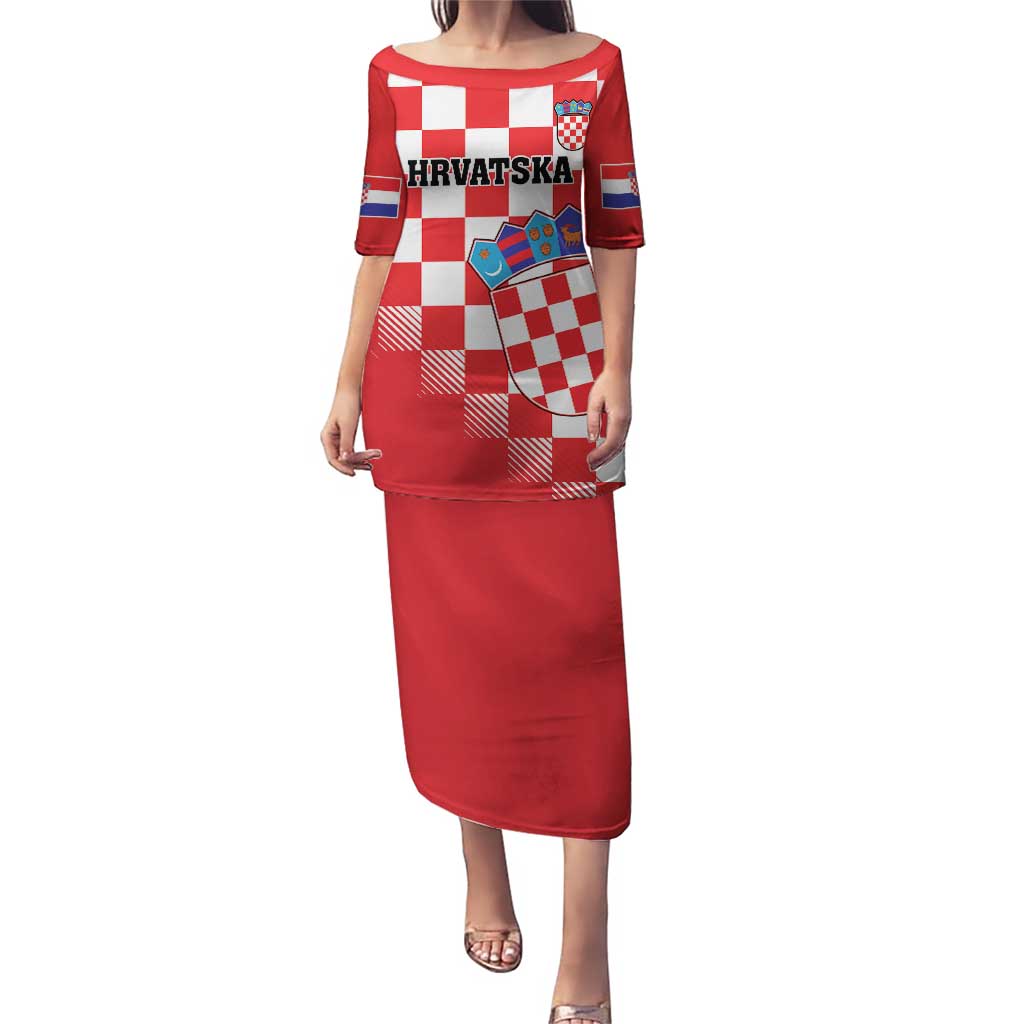 Custom Croatia Checkerboard Puletasi With Coat Of Arms - Wonder Print Shop