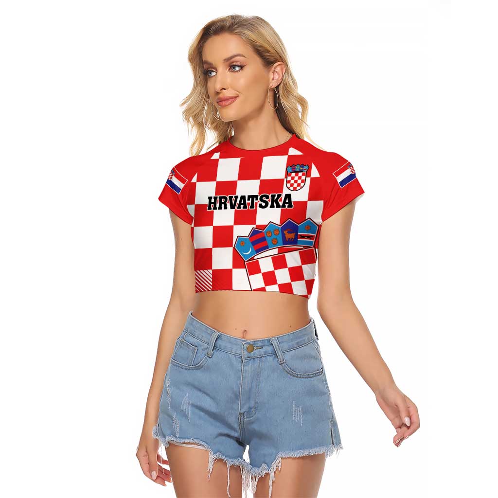 Custom Croatia Checkerboard Raglan Cropped T Shirt With Coat Of Arms - Wonder Print Shop