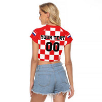 Custom Croatia Checkerboard Raglan Cropped T Shirt With Coat Of Arms - Wonder Print Shop
