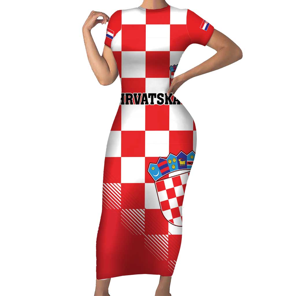 Custom Croatia Checkerboard Short Sleeve Bodycon Dress With Coat Of Arms - Wonder Print Shop