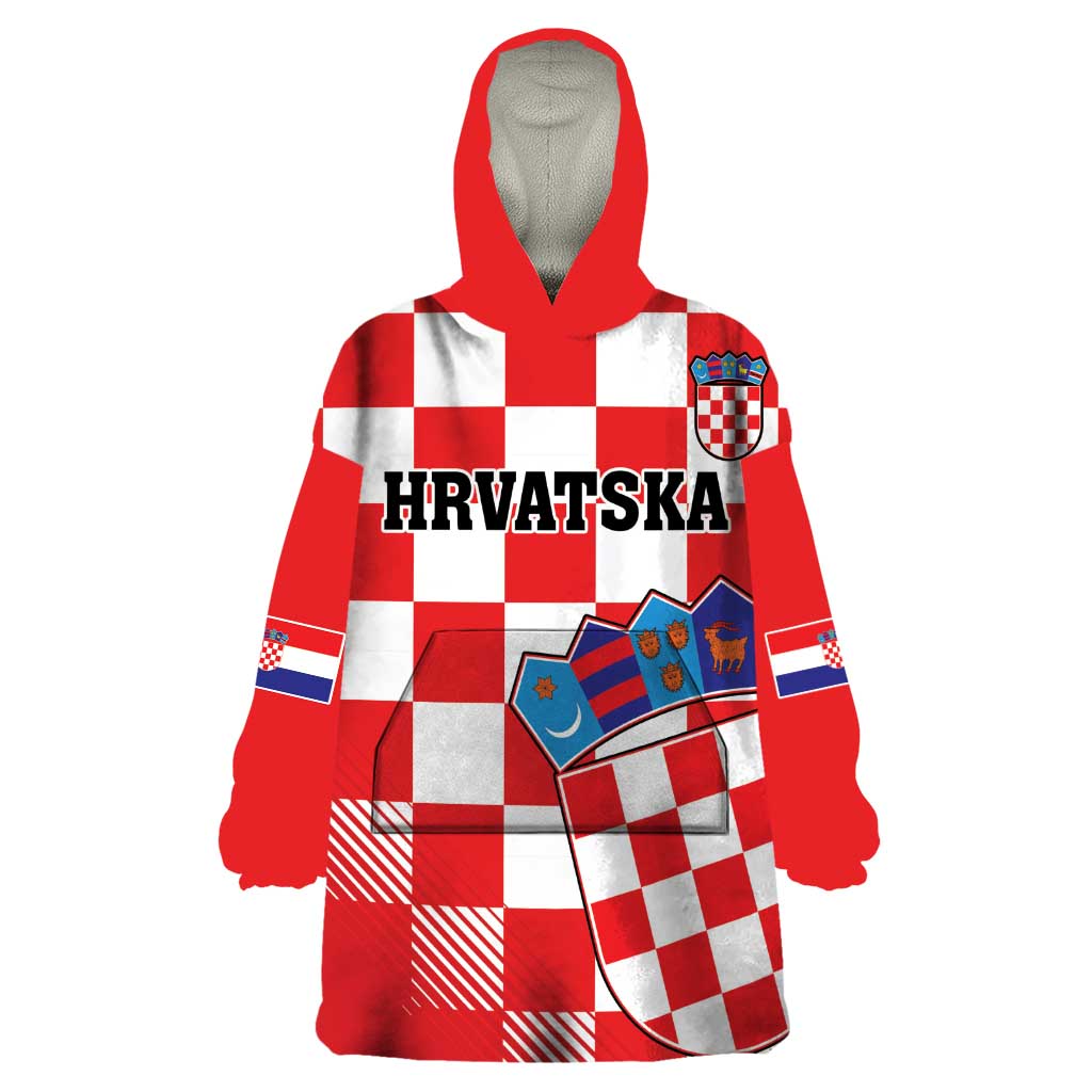 Custom Croatia Checkerboard Wearable Blanket Hoodie With Coat Of Arms - Wonder Print Shop