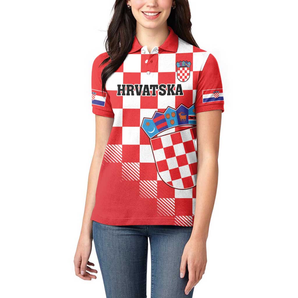 Custom Croatia Checkerboard Women Polo Shirt With Coat Of Arms - Wonder Print Shop