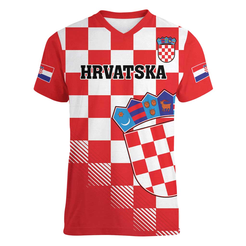 Custom Croatia Checkerboard Women V-Neck T-Shirt With Coat Of Arms - Wonder Print Shop