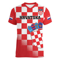 Custom Croatia Checkerboard Women V-Neck T-Shirt With Coat Of Arms - Wonder Print Shop