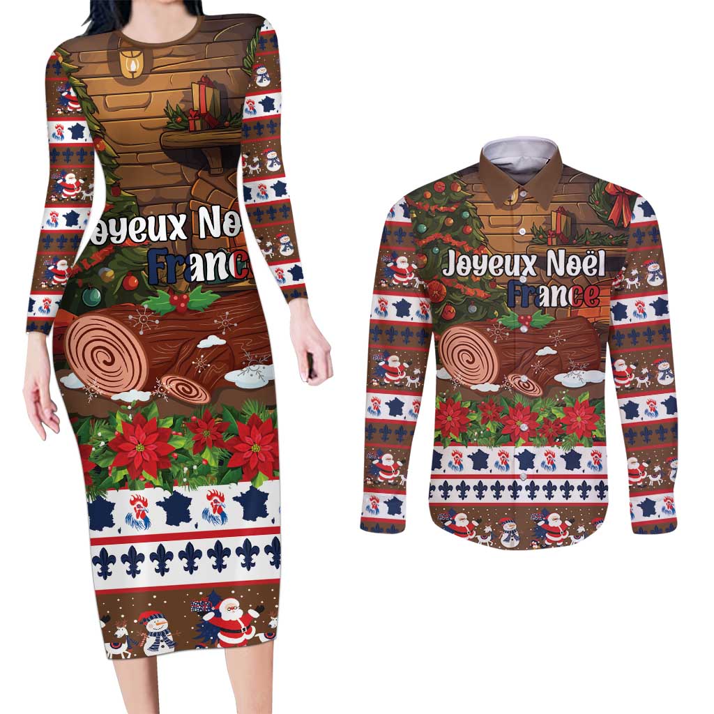 France Christmas Couples Matching Long Sleeve Bodycon Dress and Long Sleeve Button Shirt Buche De Noel - Wonder Print Shop