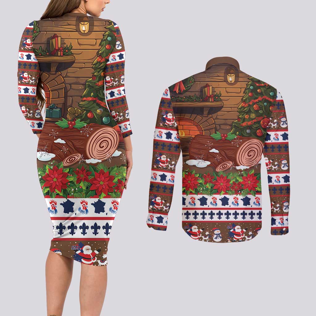 France Christmas Couples Matching Long Sleeve Bodycon Dress and Long Sleeve Button Shirt Buche De Noel - Wonder Print Shop