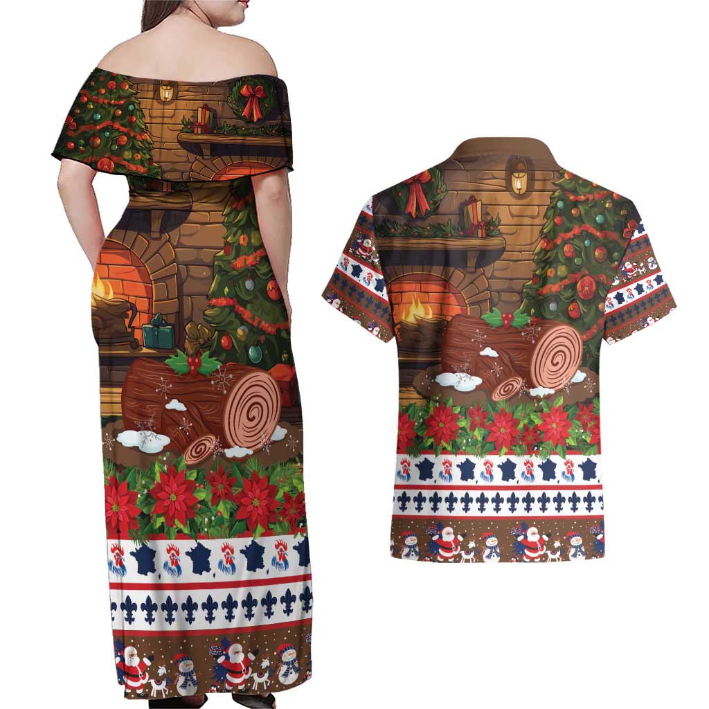 France Christmas Couples Matching Off Shoulder Maxi Dress and Hawaiian Shirt Buche De Noel - Wonder Print Shop