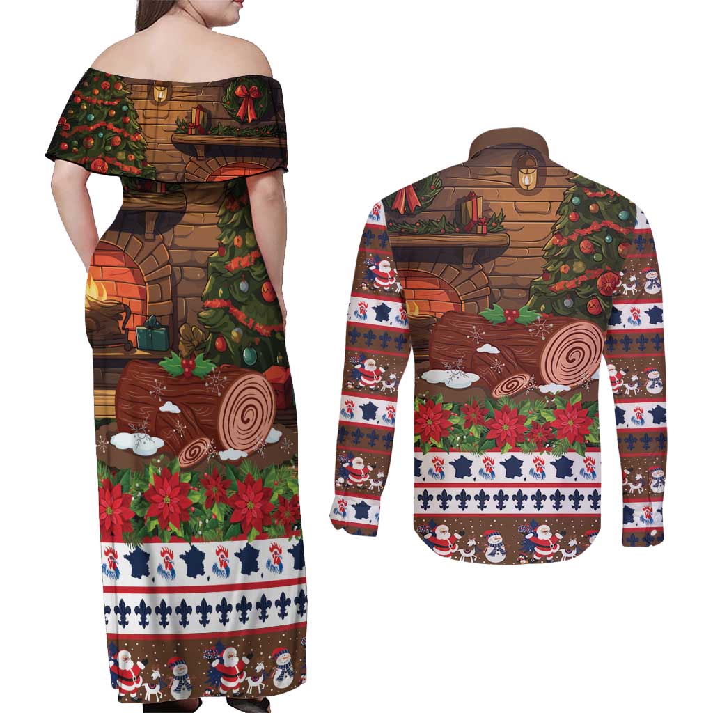 France Christmas Couples Matching Off Shoulder Maxi Dress and Long Sleeve Button Shirt Buche De Noel - Wonder Print Shop