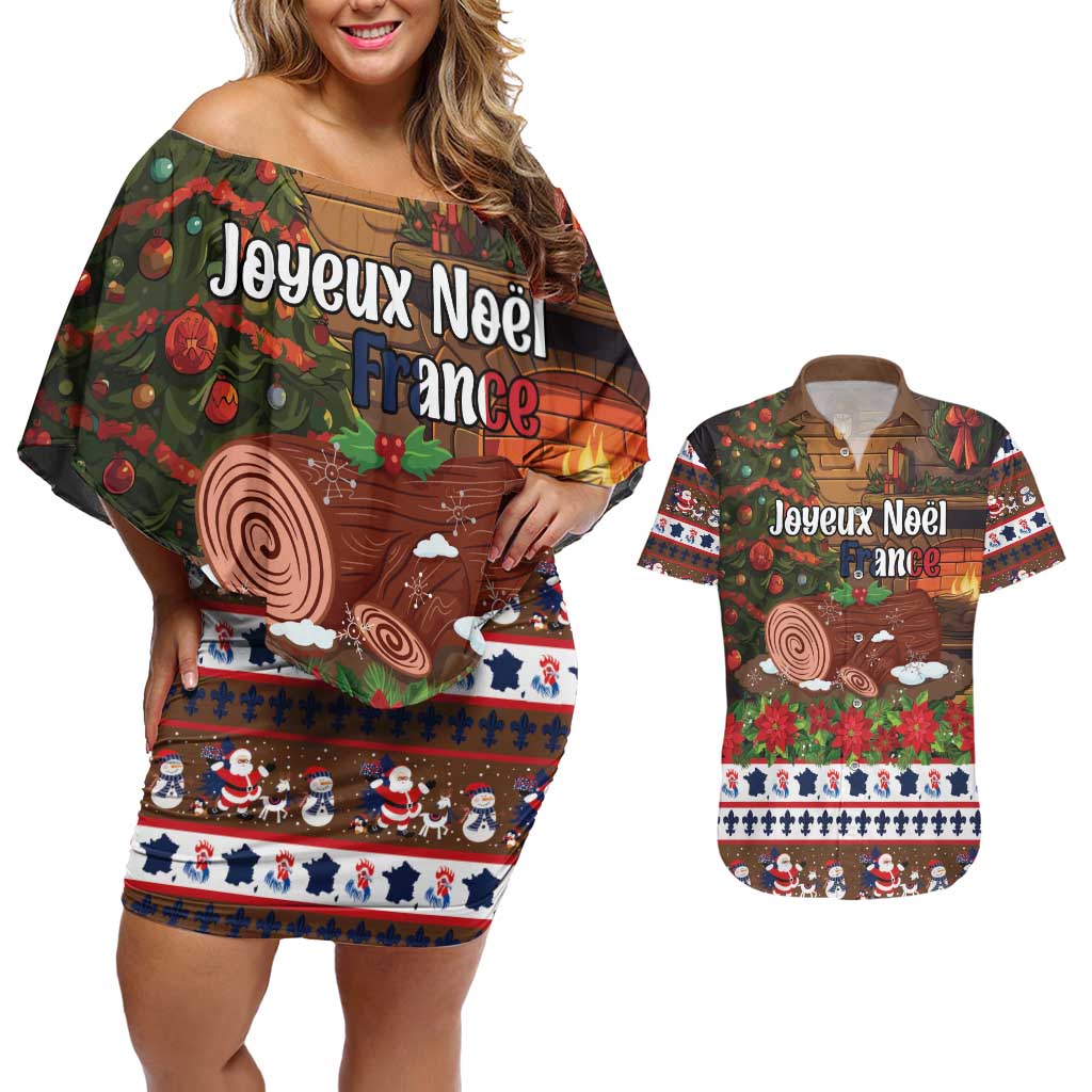 France Christmas Couples Matching Off Shoulder Short Dress and Hawaiian Shirt Buche De Noel - Wonder Print Shop