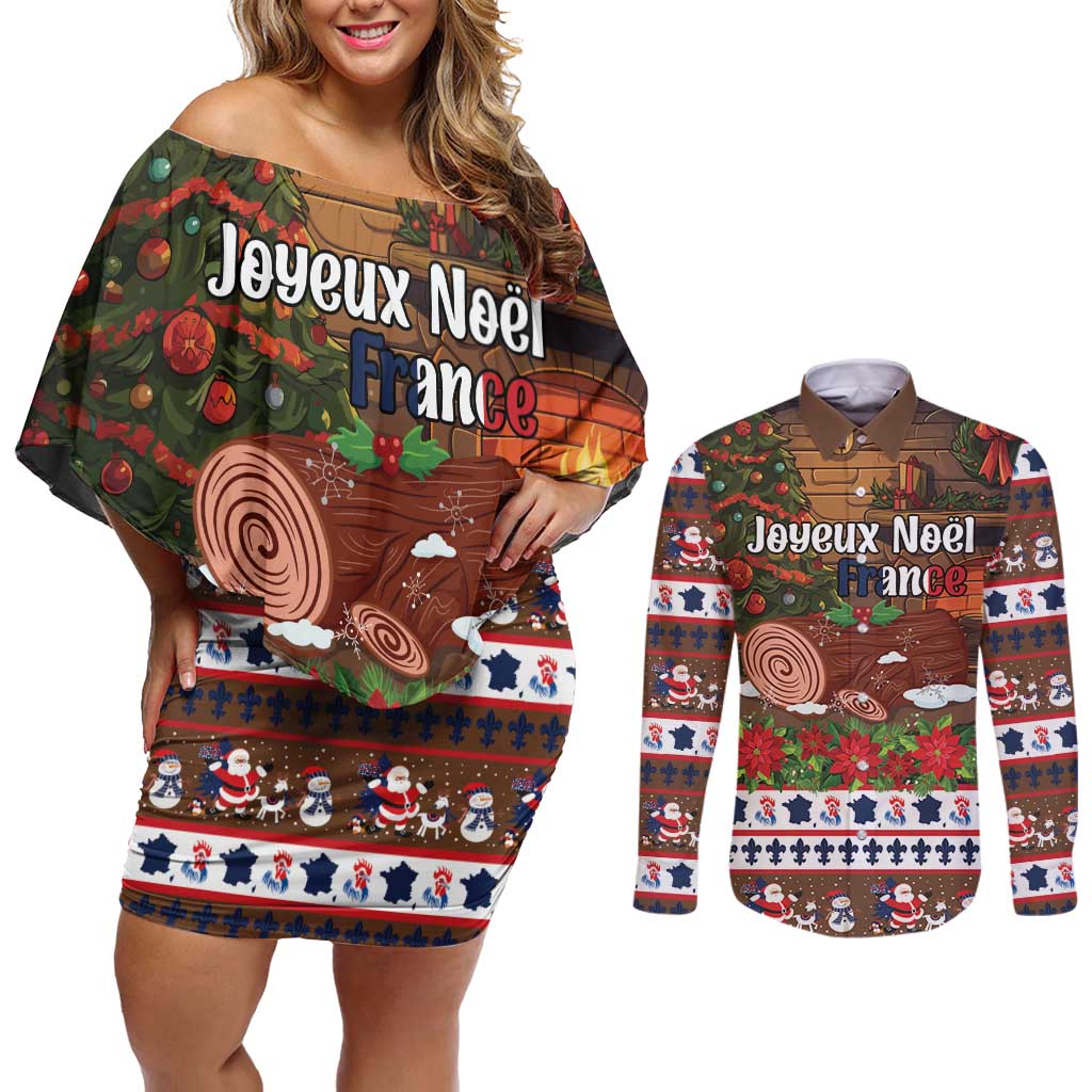 France Christmas Couples Matching Off Shoulder Short Dress and Long Sleeve Button Shirt Buche De Noel - Wonder Print Shop