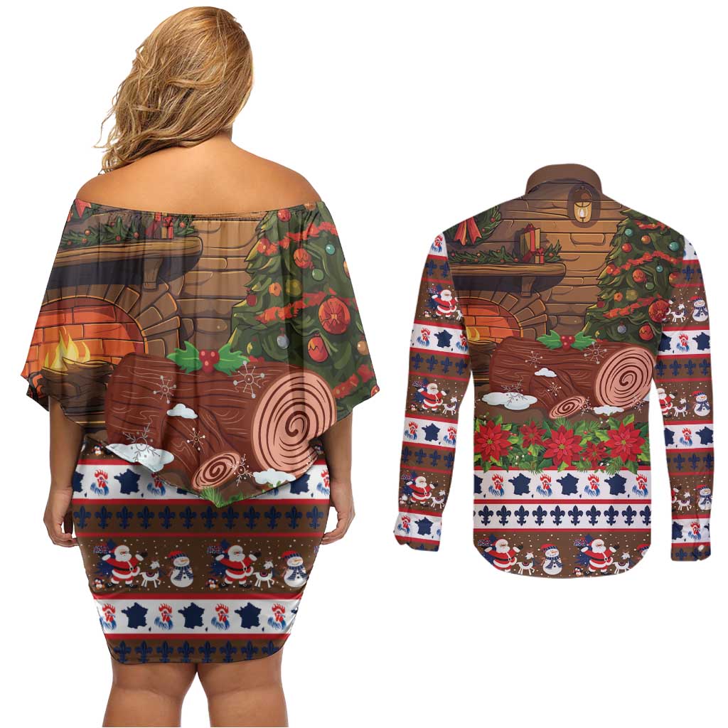 France Christmas Couples Matching Off Shoulder Short Dress and Long Sleeve Button Shirt Buche De Noel - Wonder Print Shop