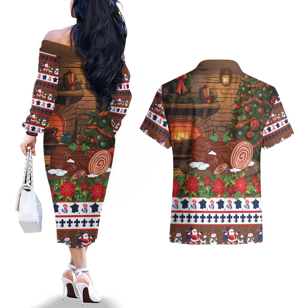 France Christmas Couples Matching Off The Shoulder Long Sleeve Dress and Hawaiian Shirt Buche De Noel - Wonder Print Shop