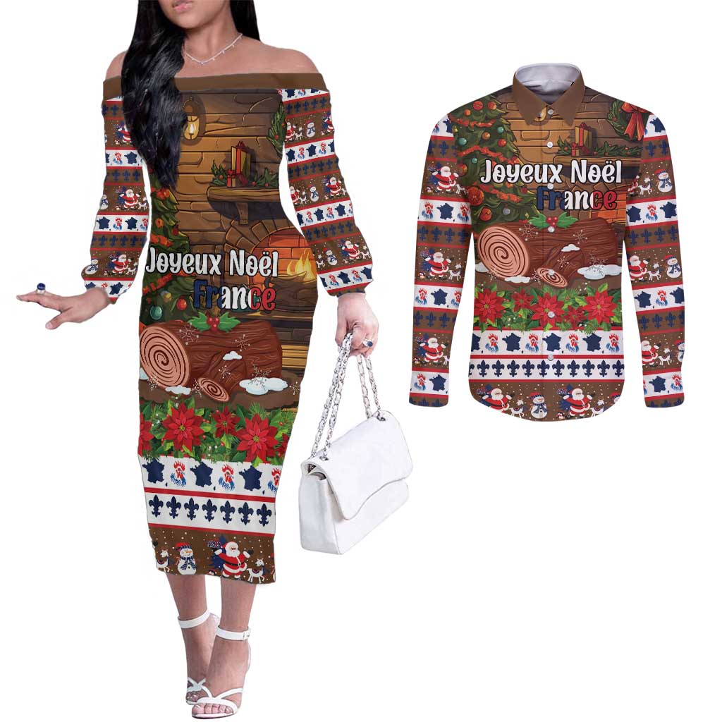 France Christmas Couples Matching Off The Shoulder Long Sleeve Dress and Long Sleeve Button Shirt Buche De Noel - Wonder Print Shop