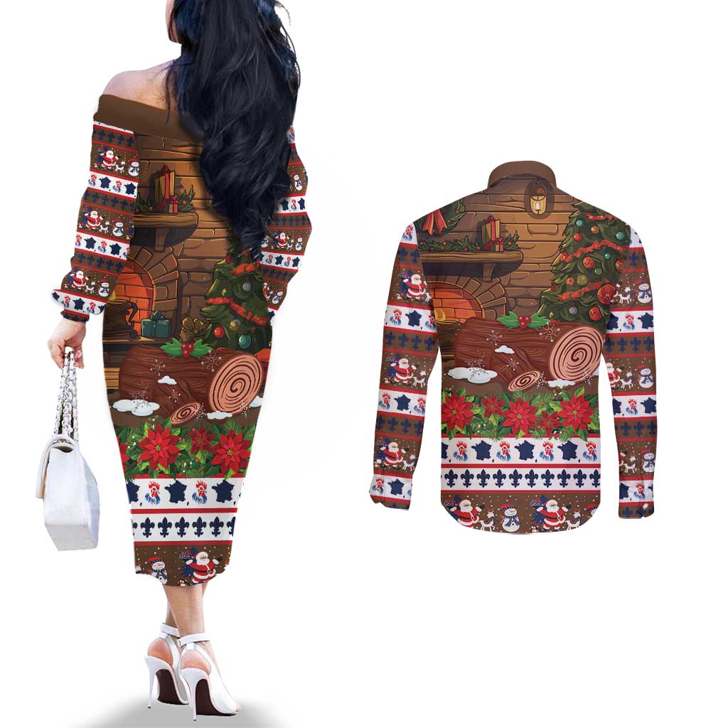 France Christmas Couples Matching Off The Shoulder Long Sleeve Dress and Long Sleeve Button Shirt Buche De Noel - Wonder Print Shop