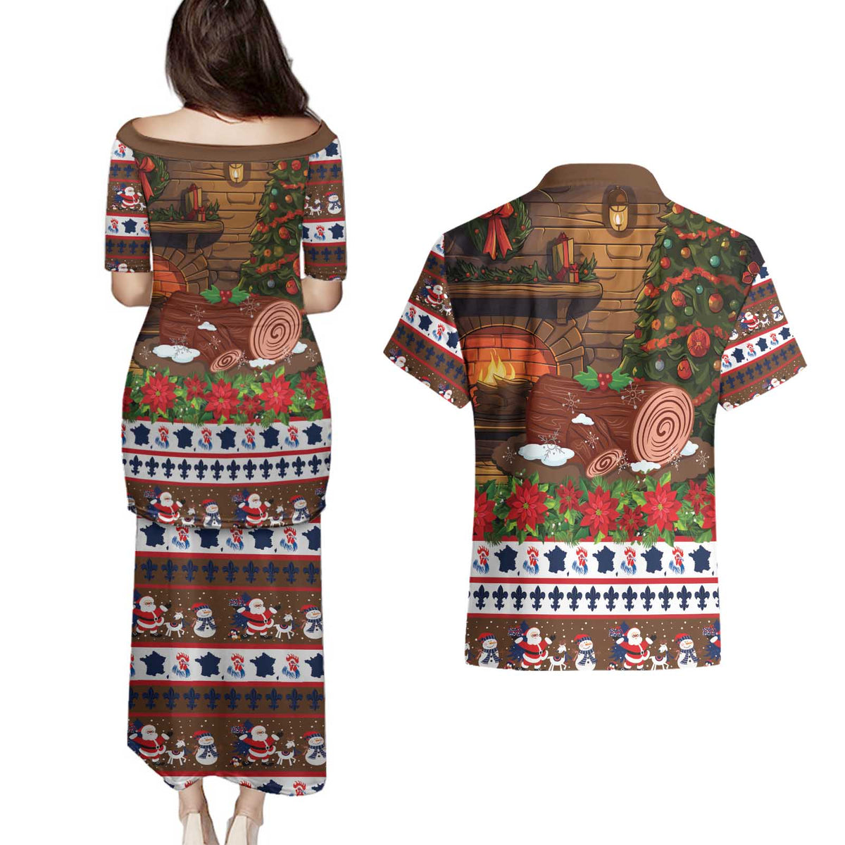 France Christmas Couples Matching Puletasi and Hawaiian Shirt Buche De Noel - Wonder Print Shop