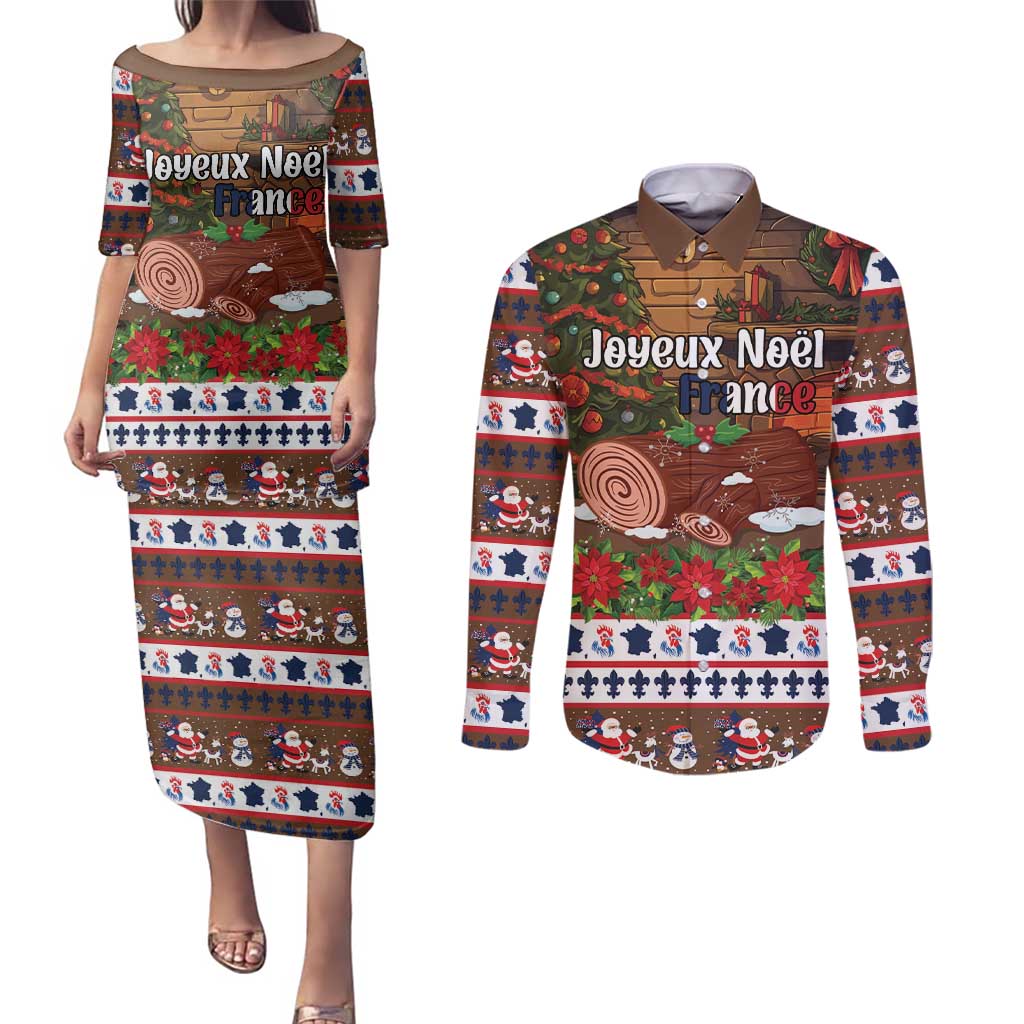 France Christmas Couples Matching Puletasi and Long Sleeve Button Shirt Buche De Noel - Wonder Print Shop