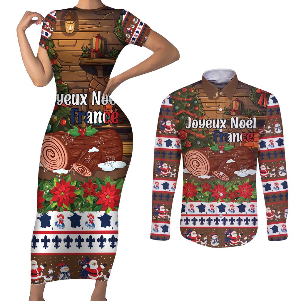 France Christmas Couples Matching Short Sleeve Bodycon Dress and Long Sleeve Button Shirt Buche De Noel - Wonder Print Shop
