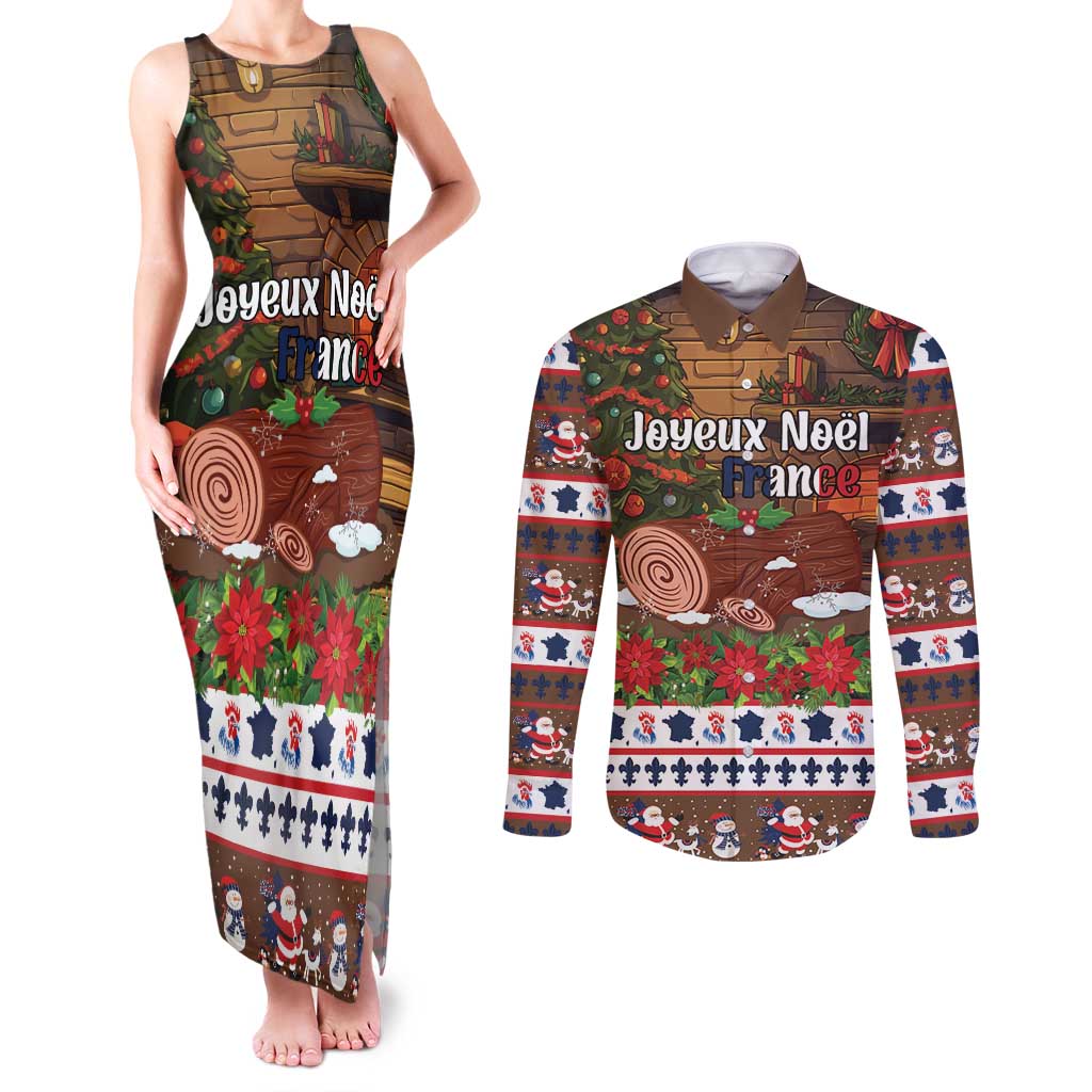 France Christmas Couples Matching Tank Maxi Dress and Long Sleeve Button Shirt Buche De Noel - Wonder Print Shop