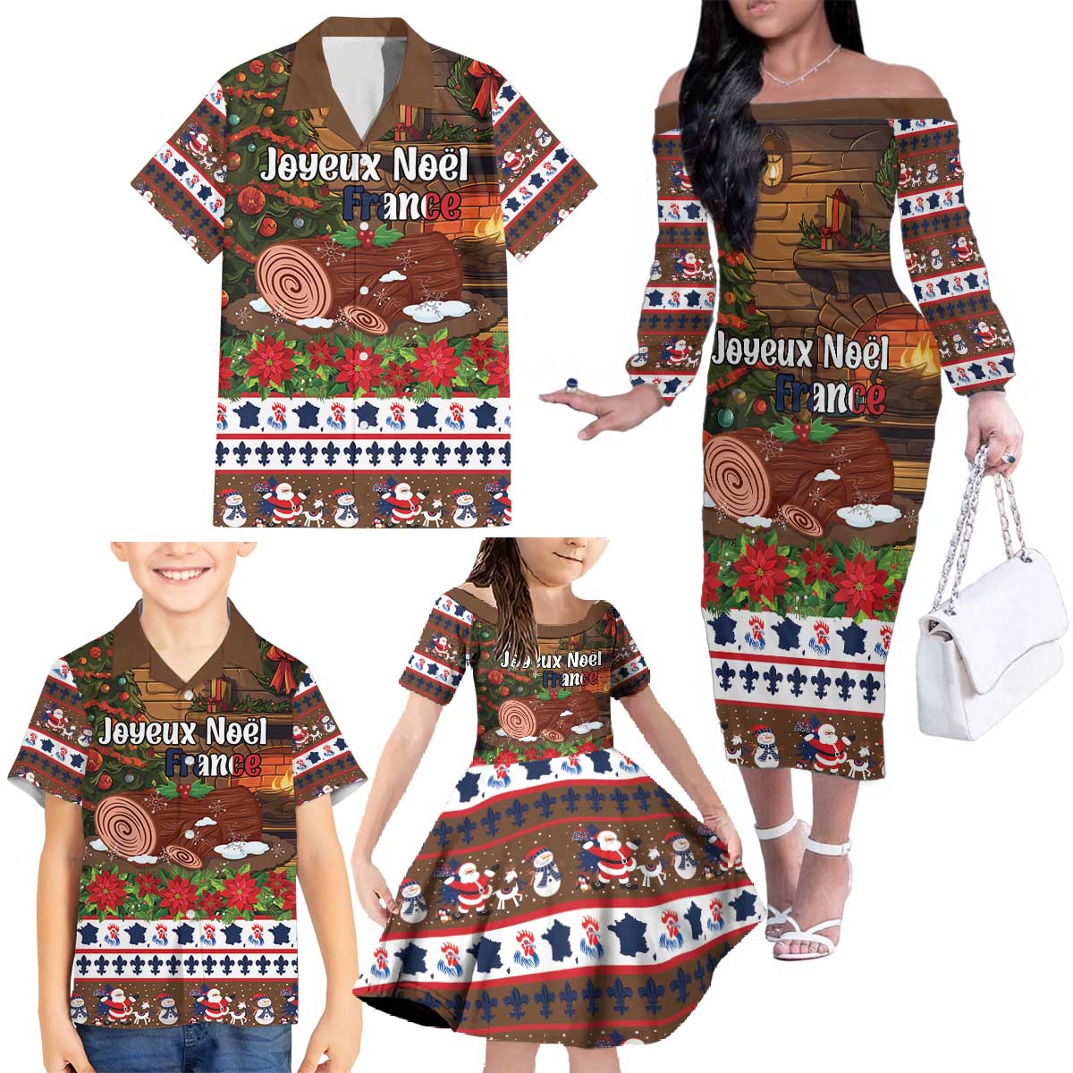 France Christmas Family Matching Off The Shoulder Long Sleeve Dress and Hawaiian Shirt Buche De Noel - Wonder Print Shop