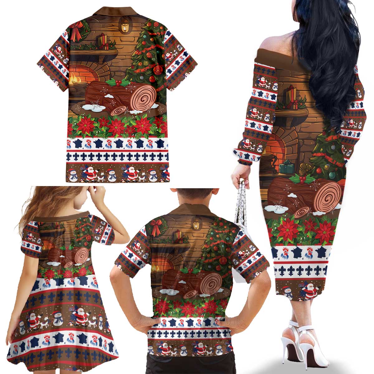France Christmas Family Matching Off The Shoulder Long Sleeve Dress and Hawaiian Shirt Buche De Noel - Wonder Print Shop