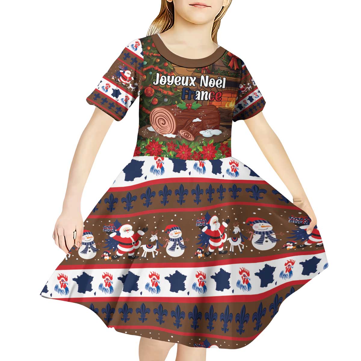 France Christmas Kid Short Sleeve Dress Buche De Noel - Wonder Print Shop