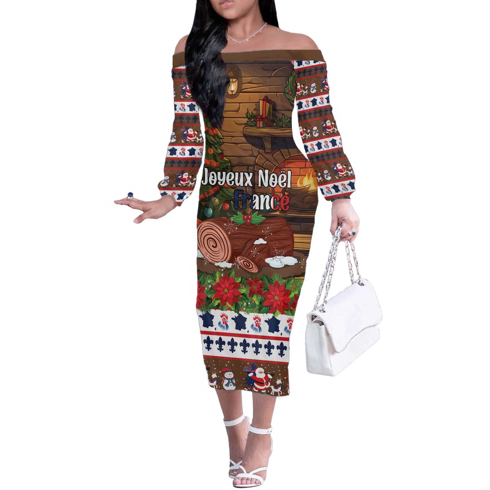 France Christmas Off The Shoulder Long Sleeve Dress Buche De Noel - Wonder Print Shop