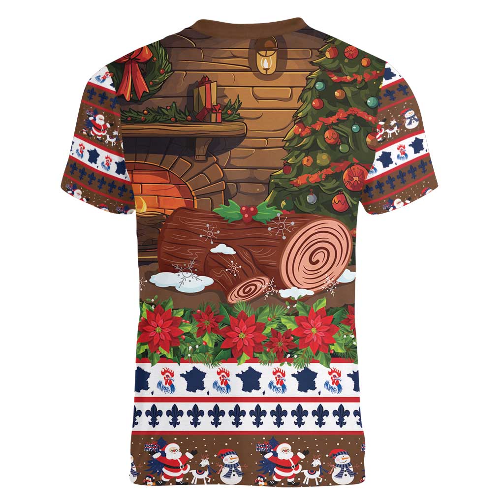 France Christmas Women V-Neck T-Shirt Buche De Noel - Wonder Print Shop