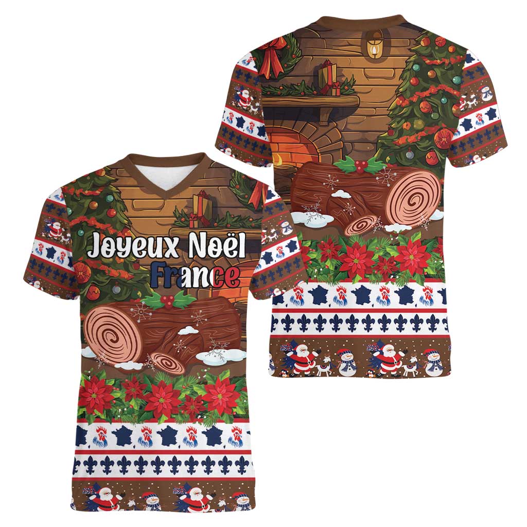 France Christmas Women V-Neck T-Shirt Buche De Noel - Wonder Print Shop