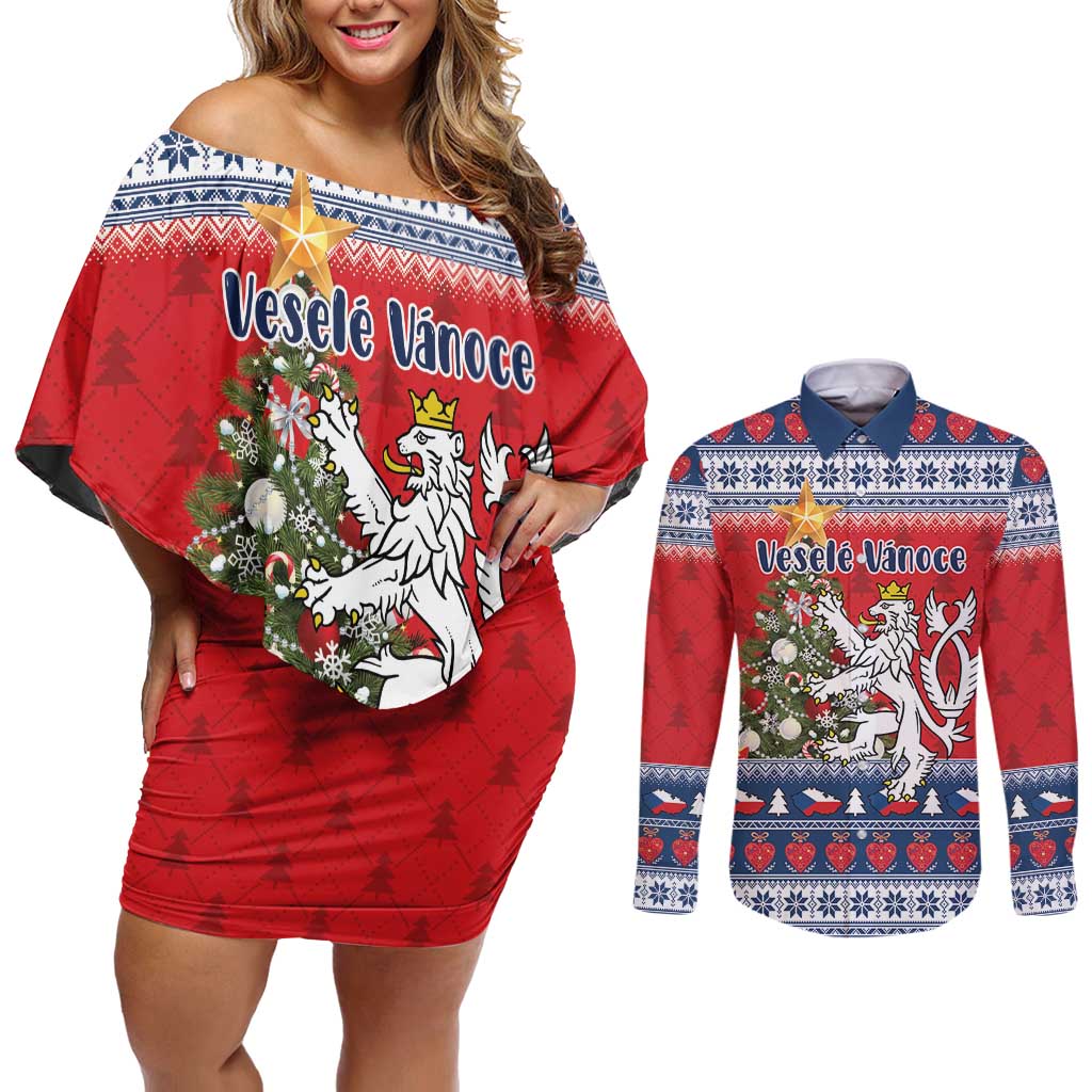 Czech Republic Christmas Personalized Couples Matching Off Shoulder Short Dress and Long Sleeve Button Shirt Vesele Vanoce - Wonder Print Shop
