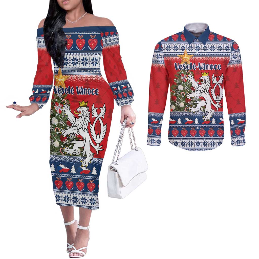 Czech Republic Christmas Personalized Couples Matching Off The Shoulder Long Sleeve Dress and Long Sleeve Button Shirt Vesele Vanoce - Wonder Print Shop