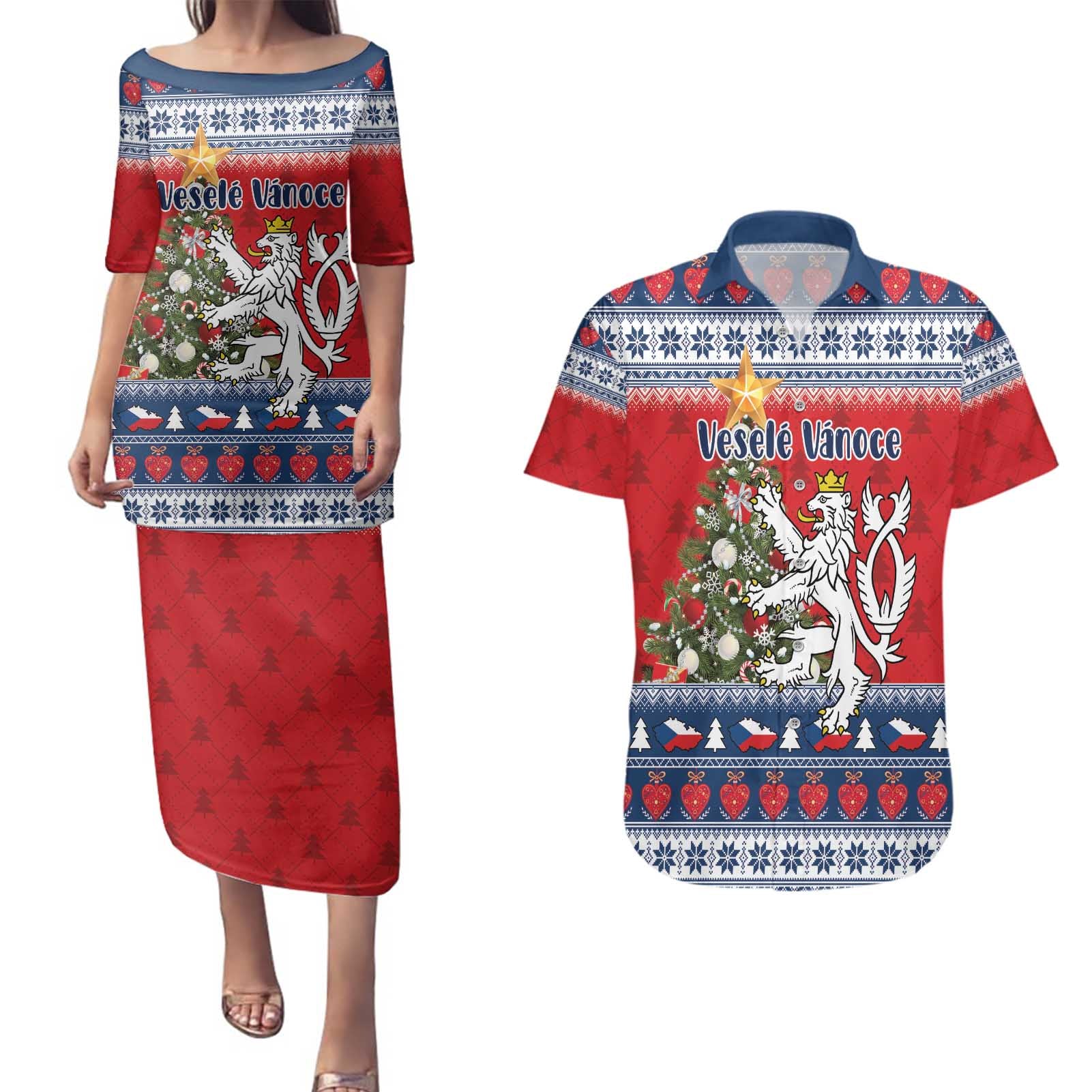 Czech Republic Christmas Personalized Couples Matching Puletasi and Hawaiian Shirt Vesele Vanoce - Wonder Print Shop