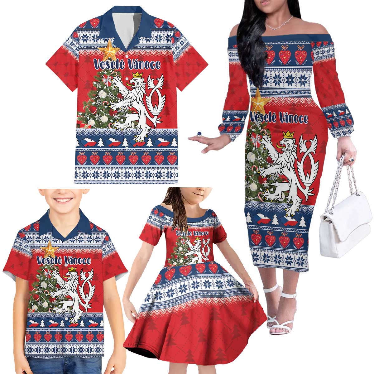 Czech Republic Christmas Personalized Family Matching Off The Shoulder Long Sleeve Dress and Hawaiian Shirt Vesele Vanoce - Wonder Print Shop