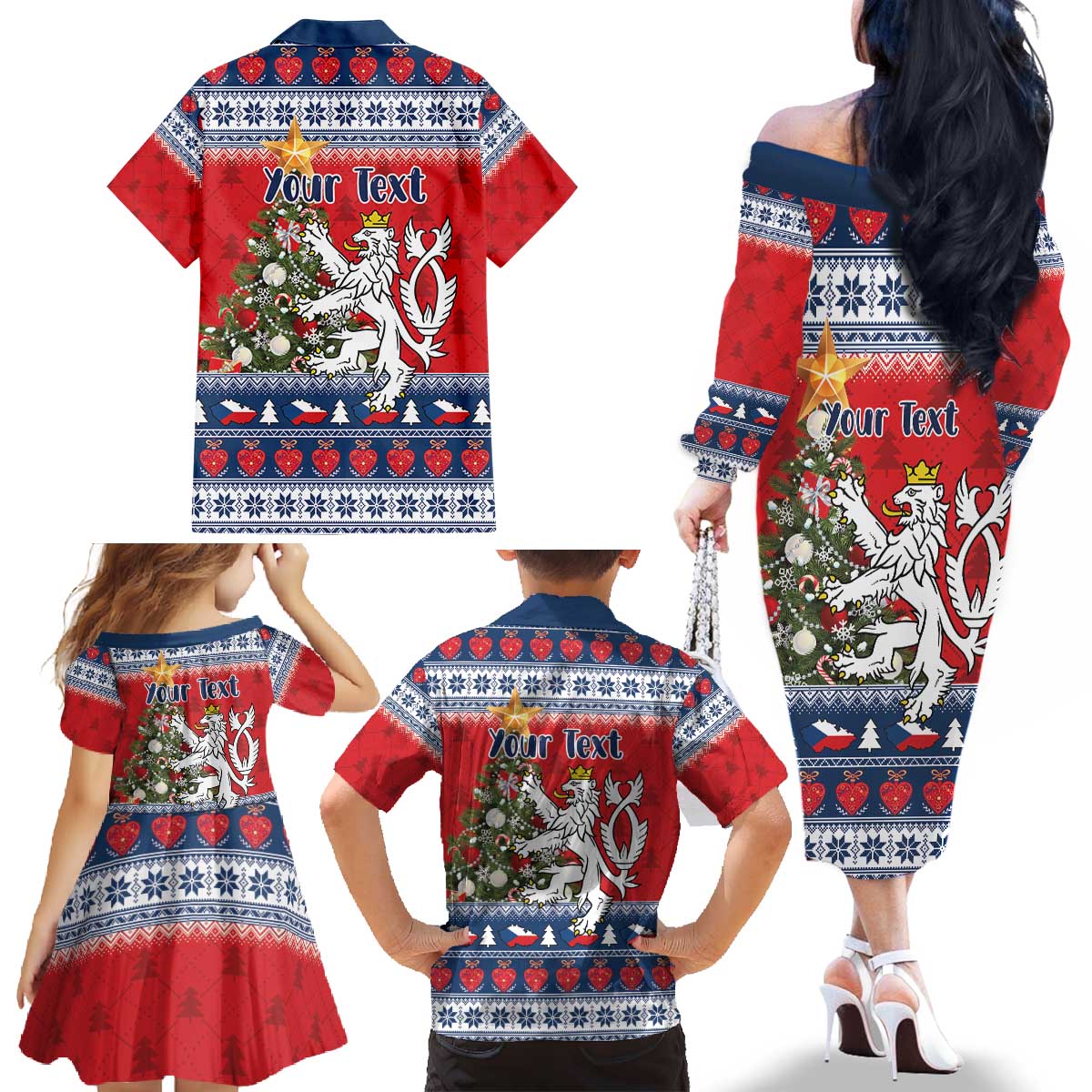 Czech Republic Christmas Personalized Family Matching Off The Shoulder Long Sleeve Dress and Hawaiian Shirt Vesele Vanoce - Wonder Print Shop