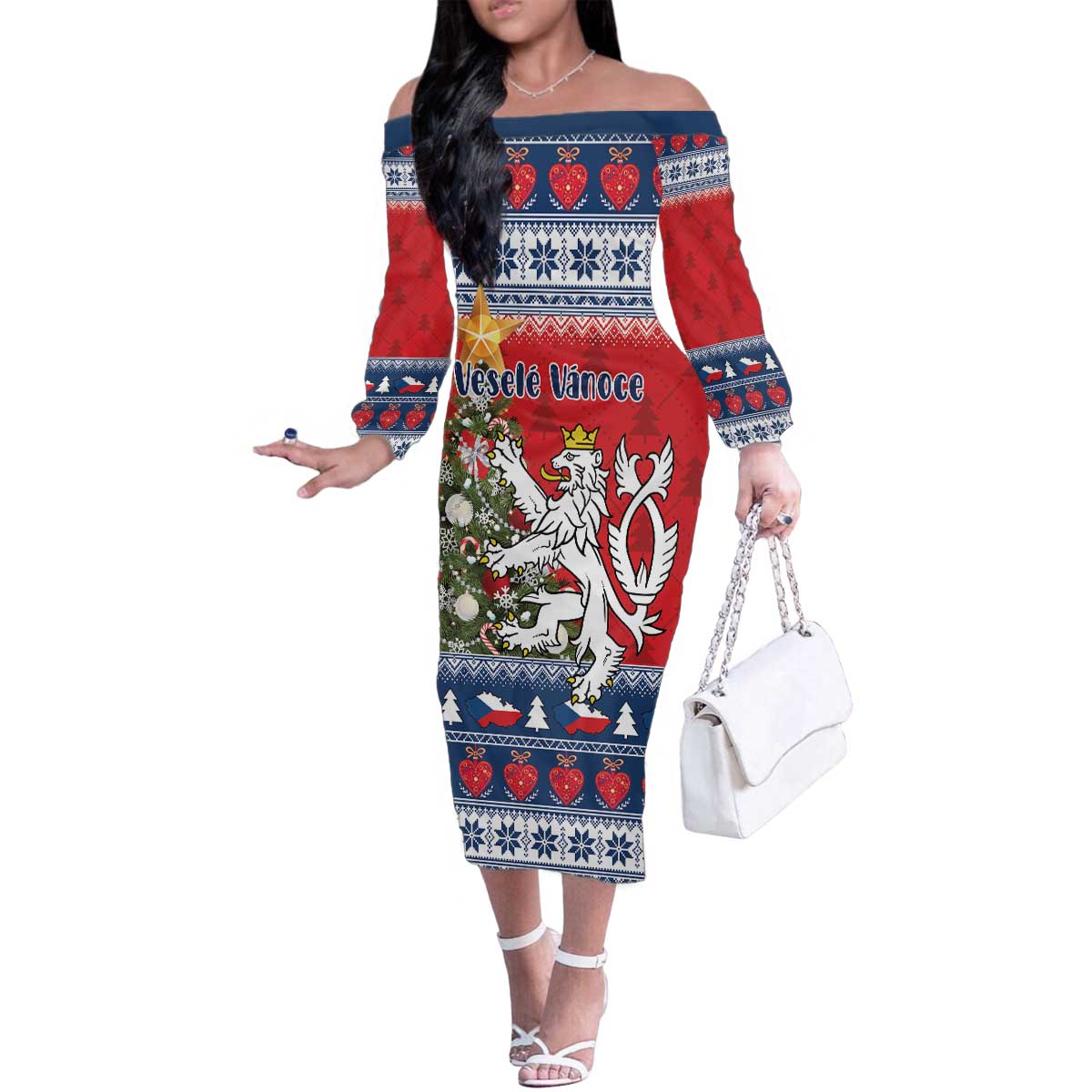 Czech Republic Christmas Personalized Family Matching Off The Shoulder Long Sleeve Dress and Hawaiian Shirt Vesele Vanoce - Wonder Print Shop